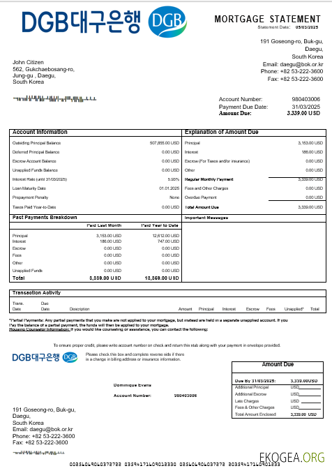 Relevé hypothécaire de la banque Daegu en Corée du Sud aux formats Word et PDF
